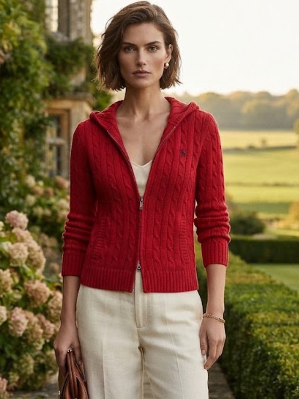 Ralph Lauren Chaps 100% Cotton Red Cable Zipper Logo Hoodie